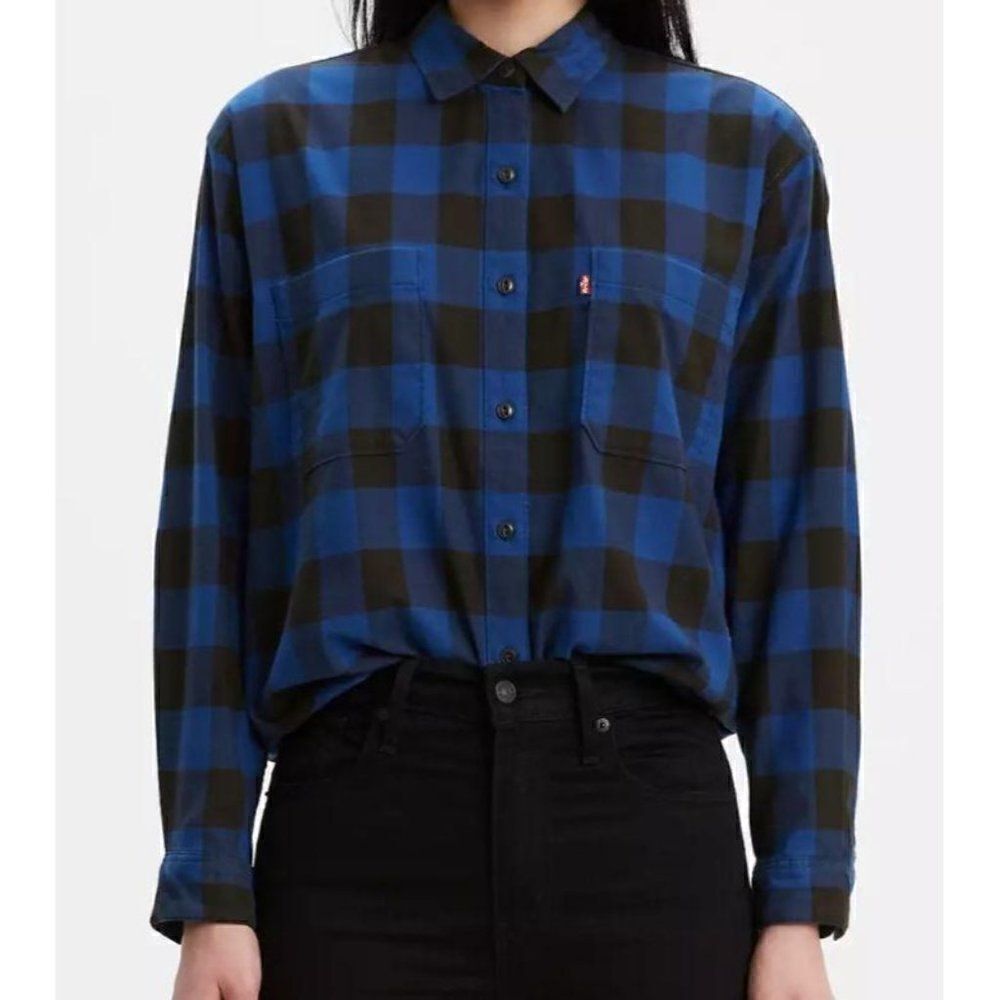 Levis Blue Black Buffalo Plaid‎ Utility Button Down Shirt Medium NEW